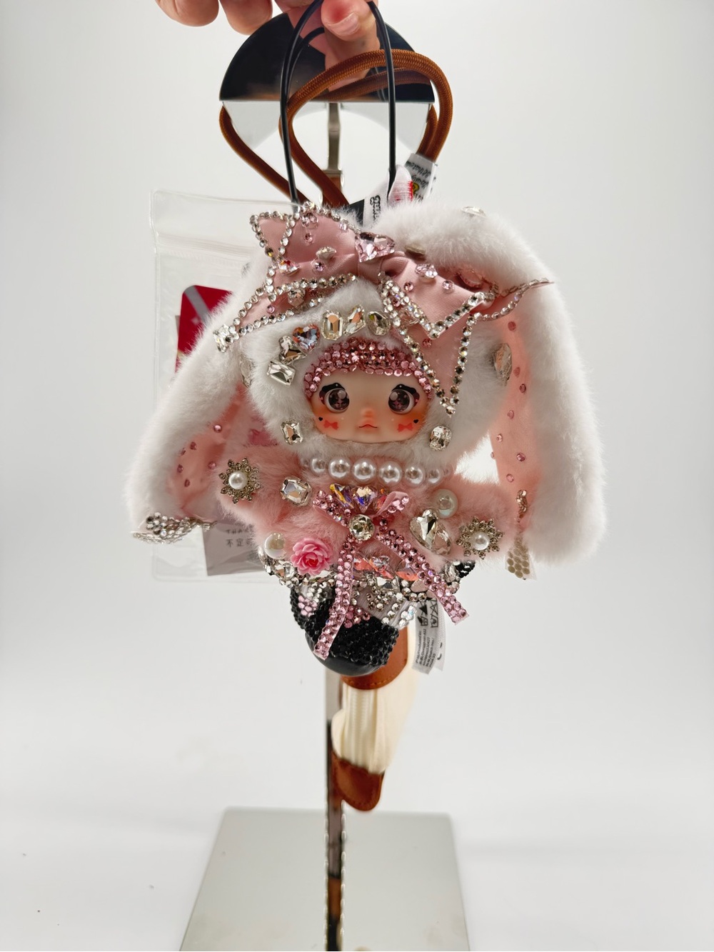 Nomi Embellished Bunny Charm Keychain in Pink & White